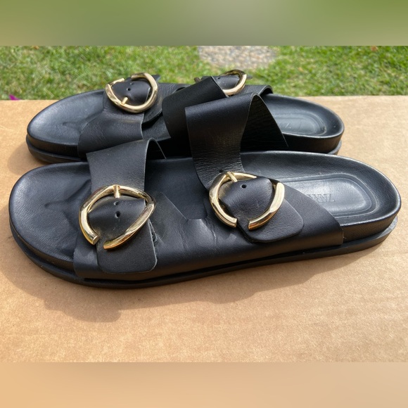 Zara Buckled Flat Leather Black Sandals Woman’s Size 9 - Picture 4 of 10